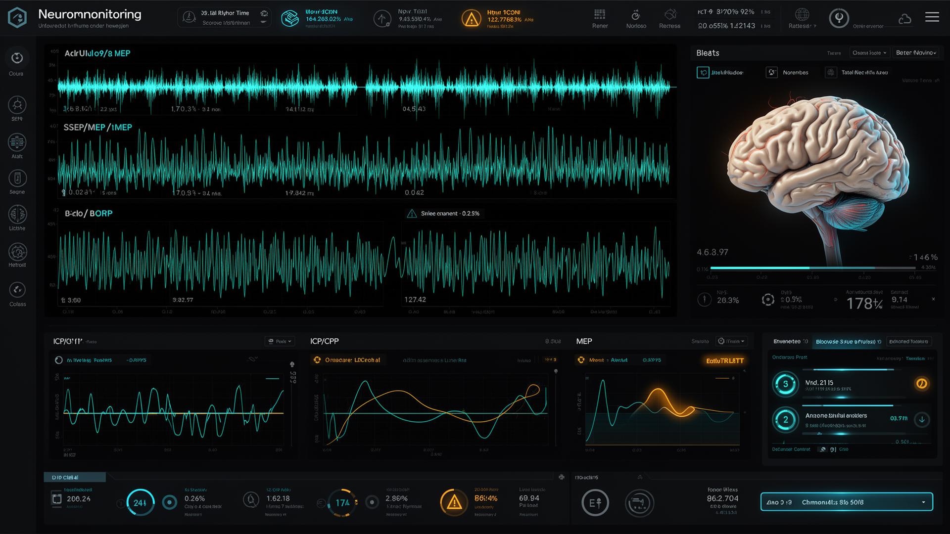 AI neuromonitoring software dashboard with EEG, SSEP, MEP and ICP traces
