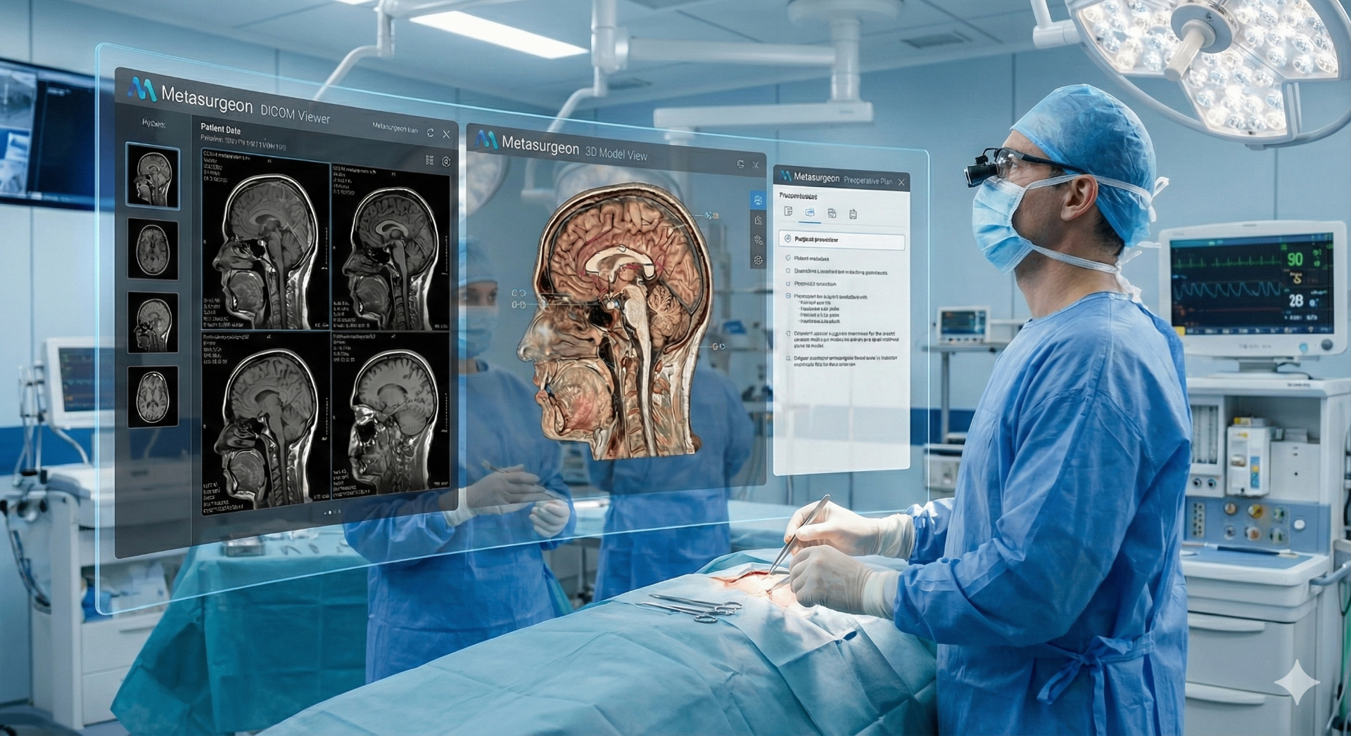 Surgeon in the operating room using Metasurgeon DICOM viewer, 3D model and preoperative plan as overlays during a live procedure
