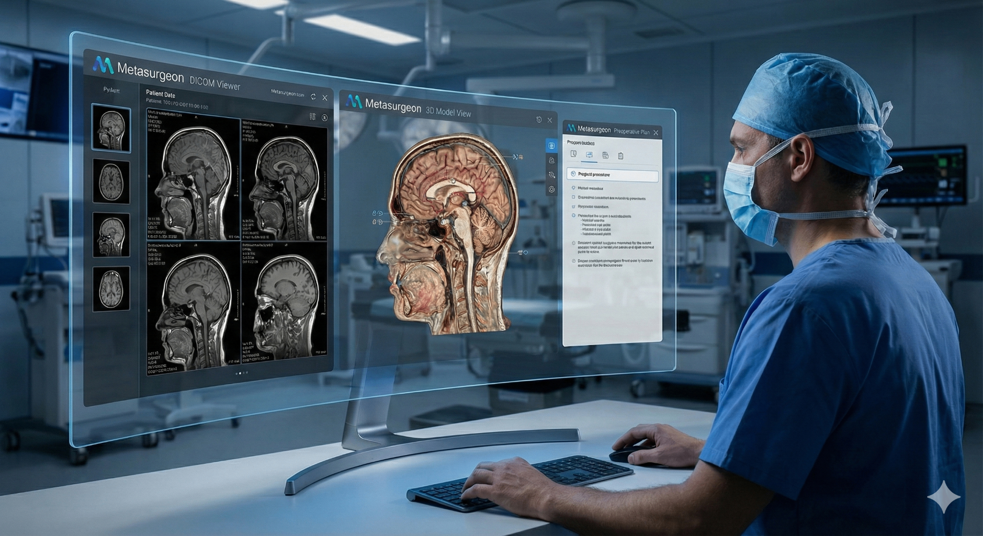 Surgeon reviewing DICOM imaging, 3D anatomical reconstruction, and structured preoperative plan