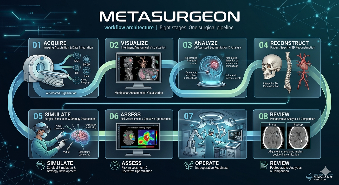Metasurgeon workflow architecture — eight stages of the surgical pipeline from acquire to review
