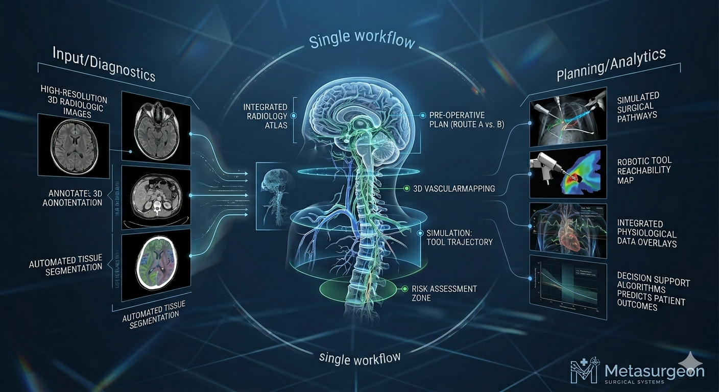 Metasurgeon single workflow — input diagnostics, 3D anatomy, and planning analytics unified in one preoperative pipeline